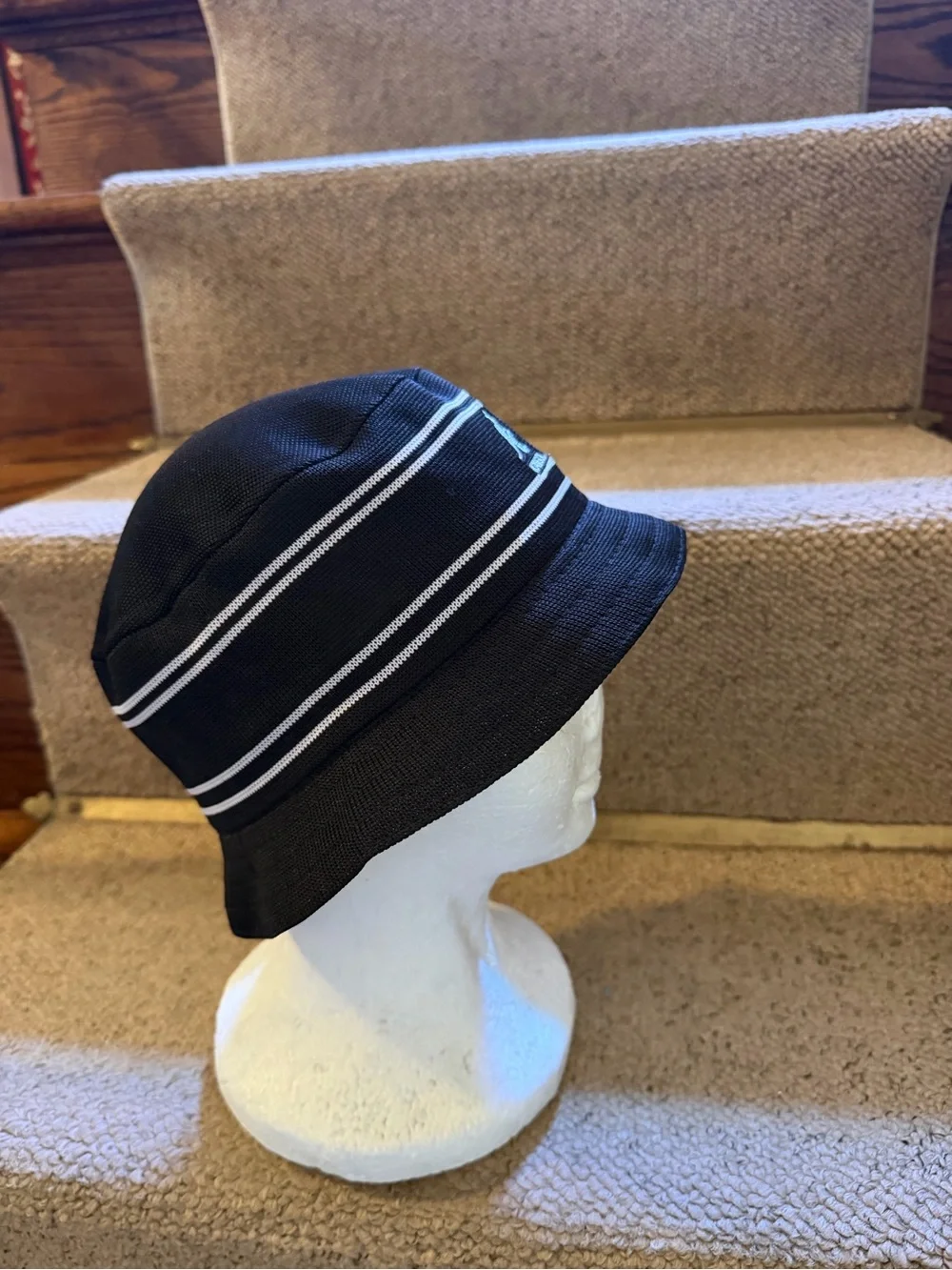 Kangol Black Bucket Hat with White Stripes